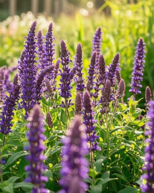 Perpetual Purple Salvia purple flower spikes Perpetual Purple Salvia with tall purple flower spikes growing in a lush garden bed